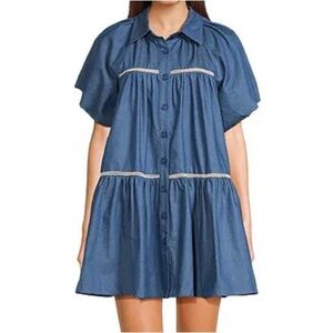 En Saison Tara Chambray Mini Babydoll Dress Size M Puff Sleeve NWT